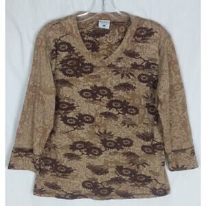 Columbia Brown Floral 3/4 Sleeve Top Crew Neck Size Large‎